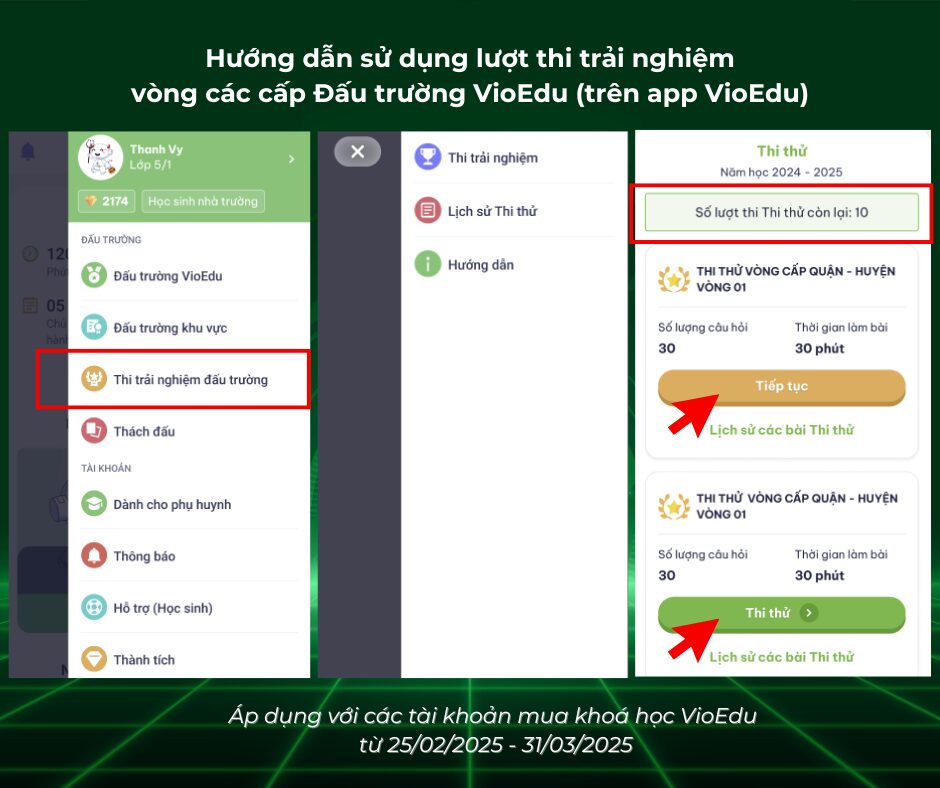 Hướng dẫn sử dụng lượt thi trải nghiệm vòng các cấp Đấu trường VioEdu_app